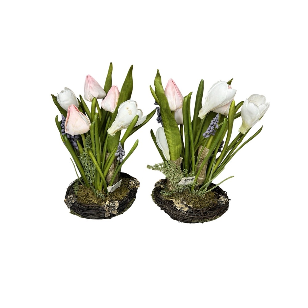 Set Of 2 Pottery Barn Small Faux Floral Birdnest Arrangement 8" X 6" Tulips